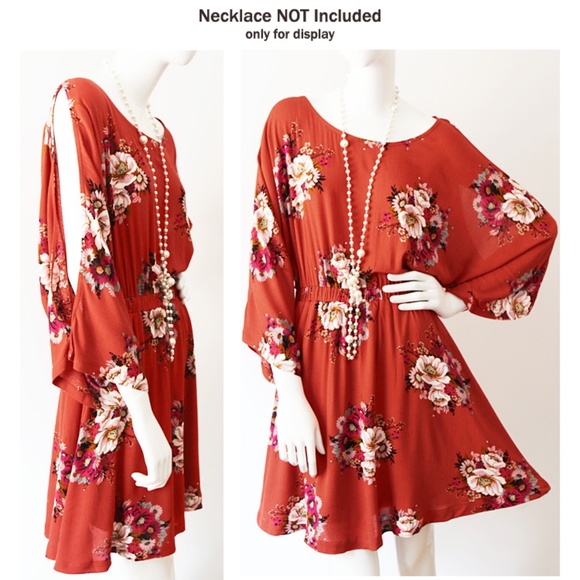 Last☝️ Rust Pretty Floral Slit Batwing Boho Dress - Picture 6 of 8